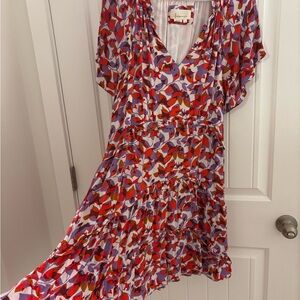 Anthropologie Red and Purple V Neck Ruffle Dress